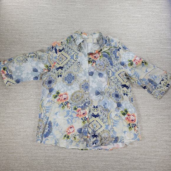 Chicos Tunic Top Womens 3 No-Iron Linen Floral Paisley Loop-Back Button Down - Picture 10 of 16